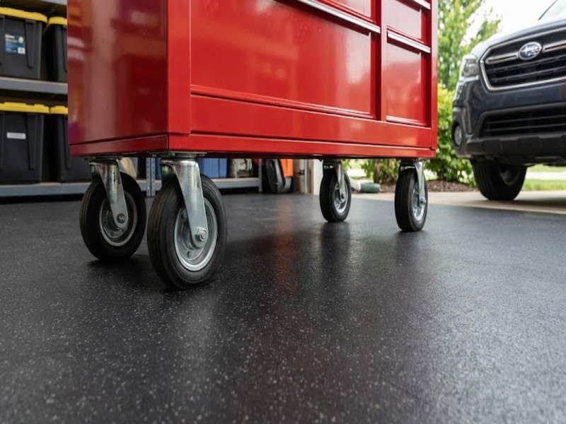 roll out pvc mat being installed in a garage with a utility knife